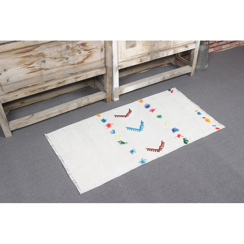 Handwoven Antique Turkish Rug in White with Vintage Patterns for Small Spaces
