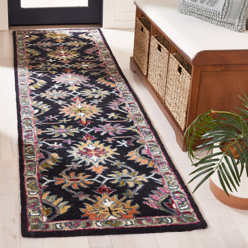 Hand Tufted Wool/Cotton Oriental Rug in Black/Pink, Runner 2'3" x 9'