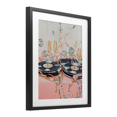 Retro Turntable & Champagne Party Framed Print Under Glass, design by The Prints Vibe