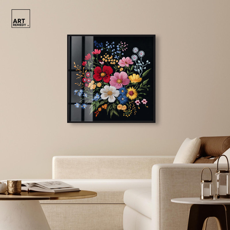 «Midnight Wildflower Weave Shadowbox», art mural maximaliste par Art Remedy, H 41 po x l 41 po, Noir