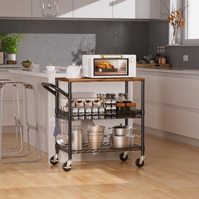 3-Tier 650Lbs Rolling Kitchen Cart with Wood Tabletop & 8 Hooks by Trent Austin Design