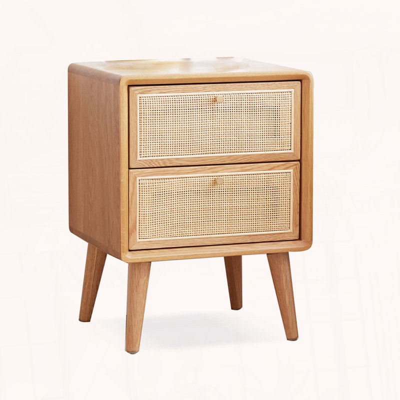 Pure Solid Oak Bedside Cabinet with Handmade Rattan Front