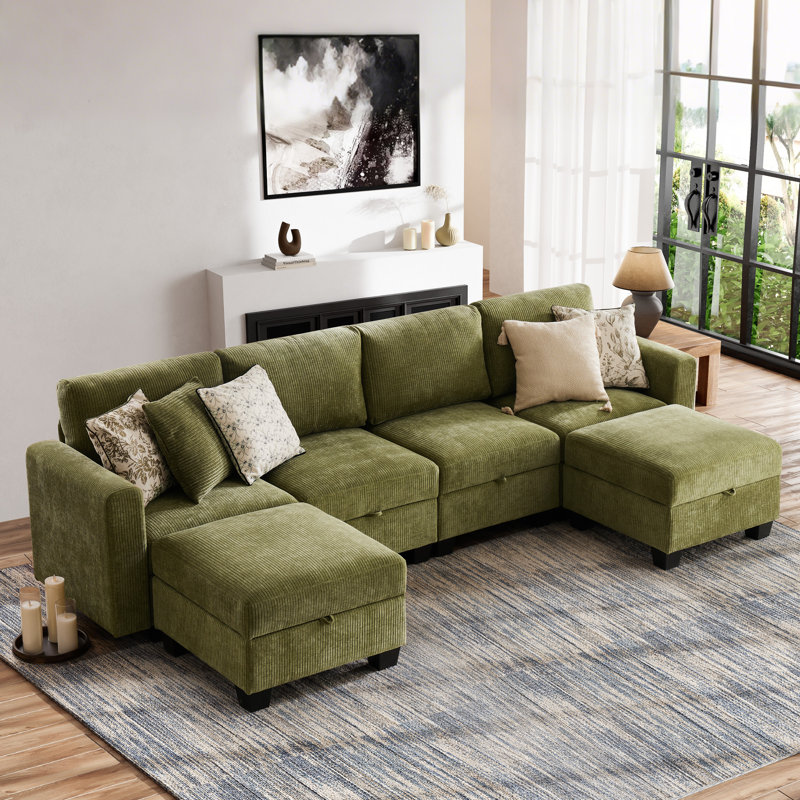 Canapé modulaire rembourré 6 pièces Ilyes, Lin gris pâle