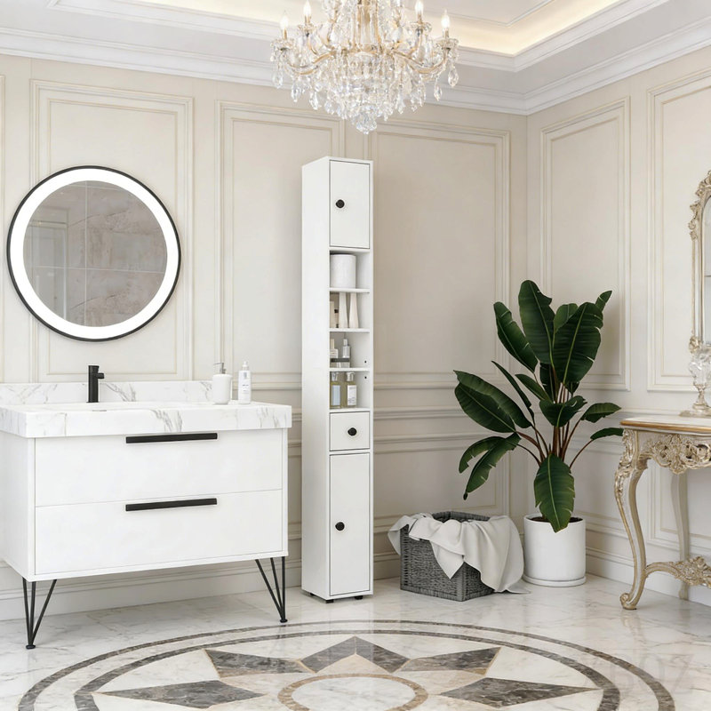 Slim Corner Bathroom Storage Cabinet With Adjustable Shelves, Perfect For Small Spaces And Toilet Paper Storage.