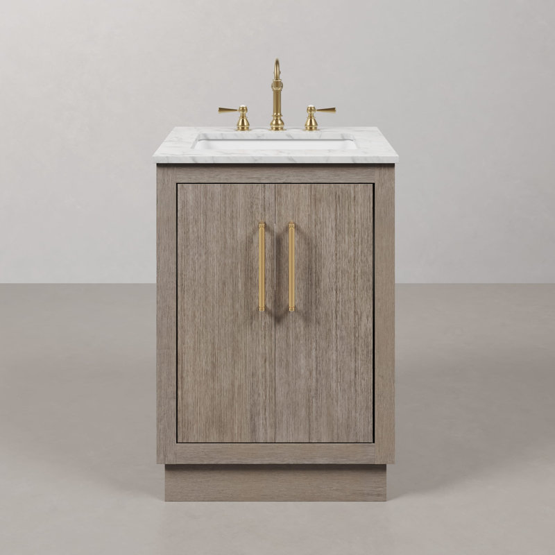 Hugo 24 In. Single Sink Carrara White Marble Countertop Vanity In Grey Oak With Gooseneck Faucet, Satin Gold