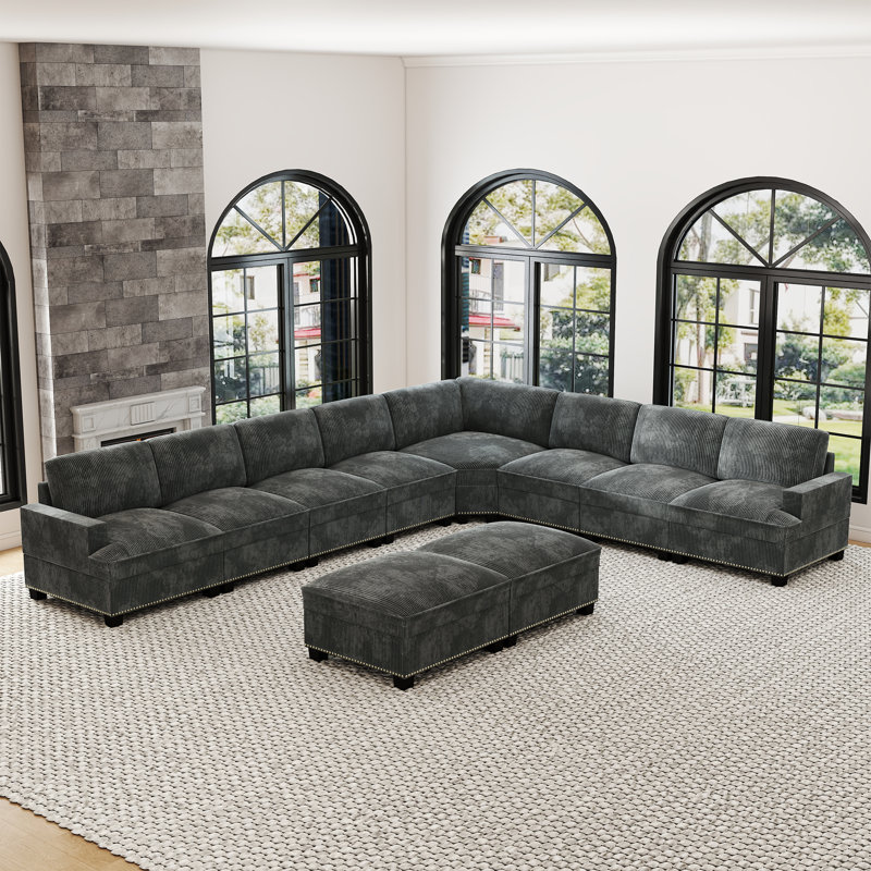 10-Piece Modern Spacious Corduroy Corner Sectional Sofa, Cloud Couch With Chaise & Nailhead Trim, Gray Corduroy