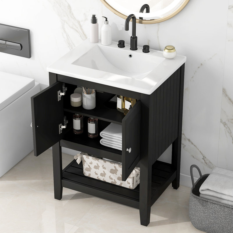 Meuble-lavabo de salle de bain avec lavabo et tablette ouverte, Noir / nickel