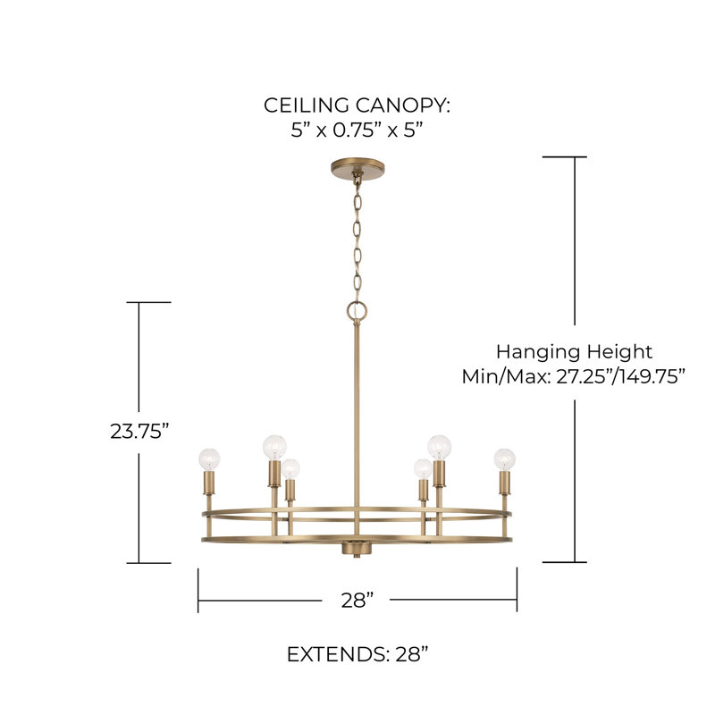 6 - Light Dimmable Geometric Chandelier, Aged Brass
