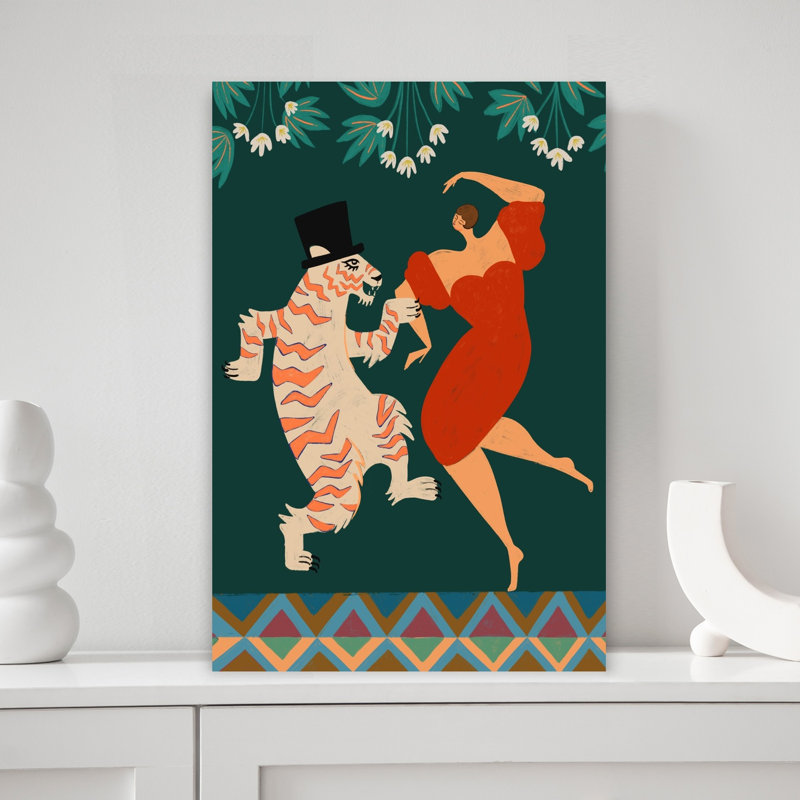 A Date With A Wild Cat Abstract Colorful Geometric Cat Tiger Animal Flower Wall Art Print 1 Piece Wrapped Canvas Wall Art
