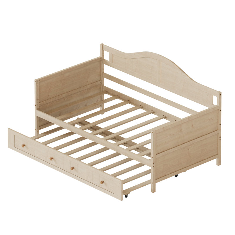 Lit de jour double en bois massif avec tiroir-lit à roulettes, canapé-lit simple multifonctionnel pour chambre ou salon, sans sommier, couleur naturelle.