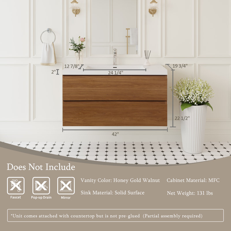 Meuble-lavabo flottant moderne avec lavabo à surface solide et armoire de rangement à fermeture en douceur Meven, Noyer