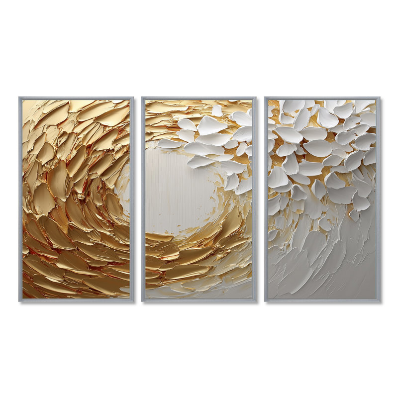 Ensemble de salon art mural blanc et or rose Vortex Love III - Abstract Spirals, Toile argentée avec cadre flottant