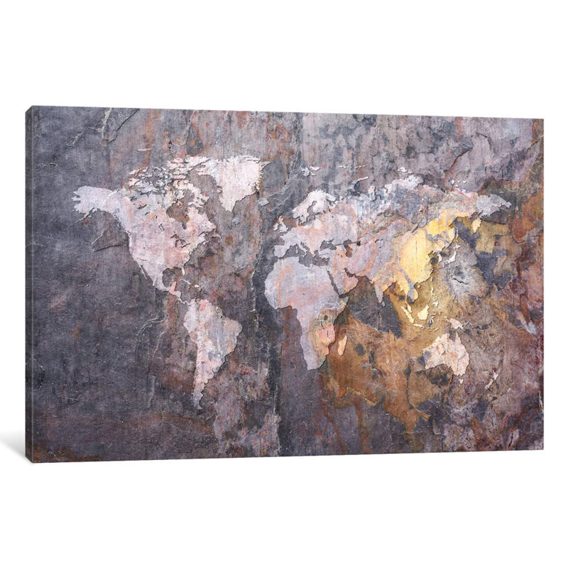World Map On Stone Background by Michael Tompsett - Painting on Canvas, 66.04 cm H x 45.72 cm W x 1.91 cm D, No Frame