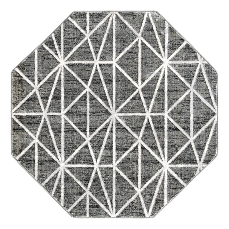 Tapis géométrique gris foncé / ivoire Oceola, Octogone 5 pi 3 po x 5 pi 3 po