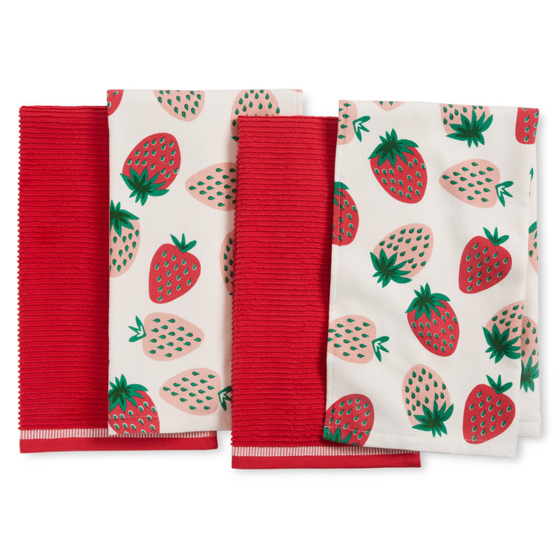 Strawberry Print Cotton Kitchen Towel Set of Four