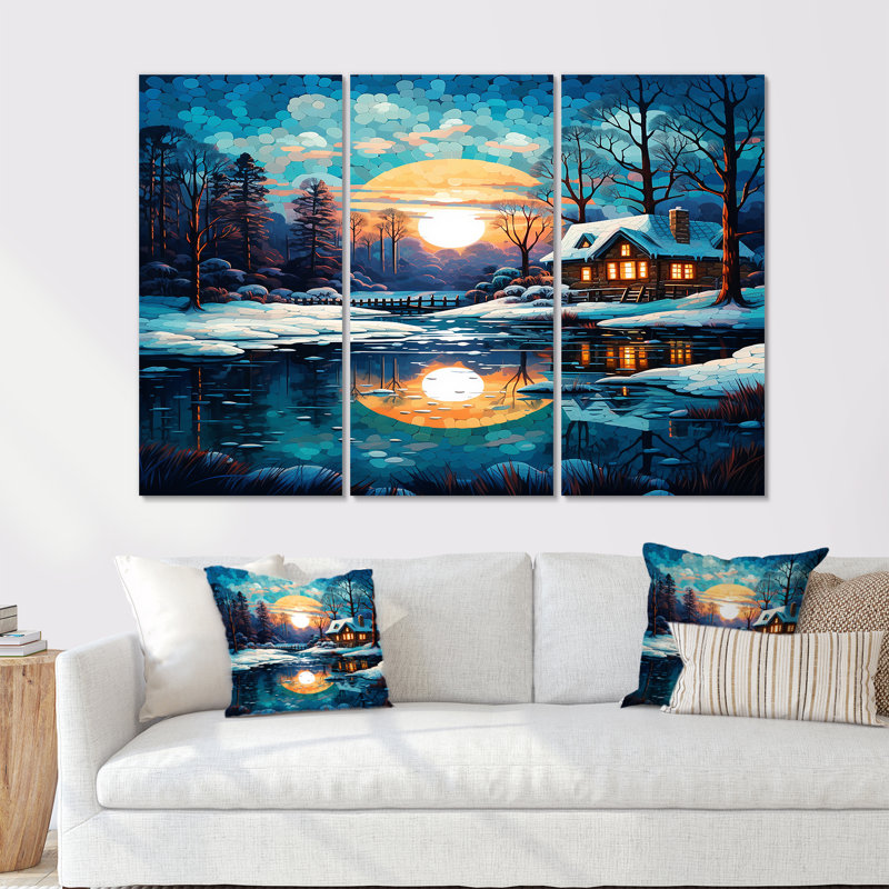 «Winter Cottage Blue Snow Sunset Forest - Winter Landscape», ensemble de reproduction d'art mural, H 28 po x l 36 po x P 1 po