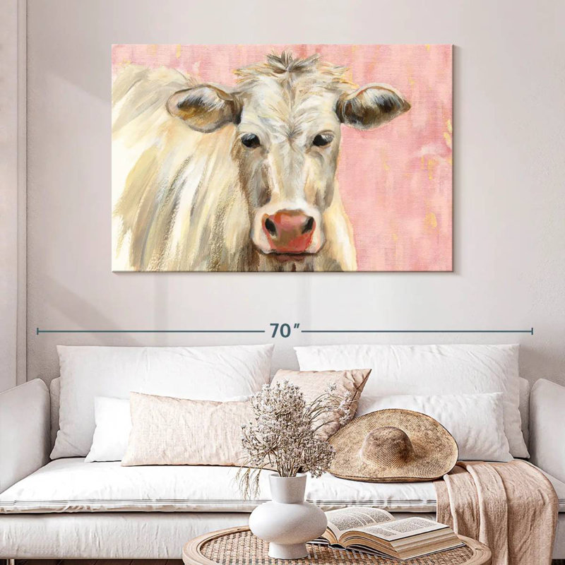 Vache blanche Brampt sur fond rose, H 32 po x l 48 po
