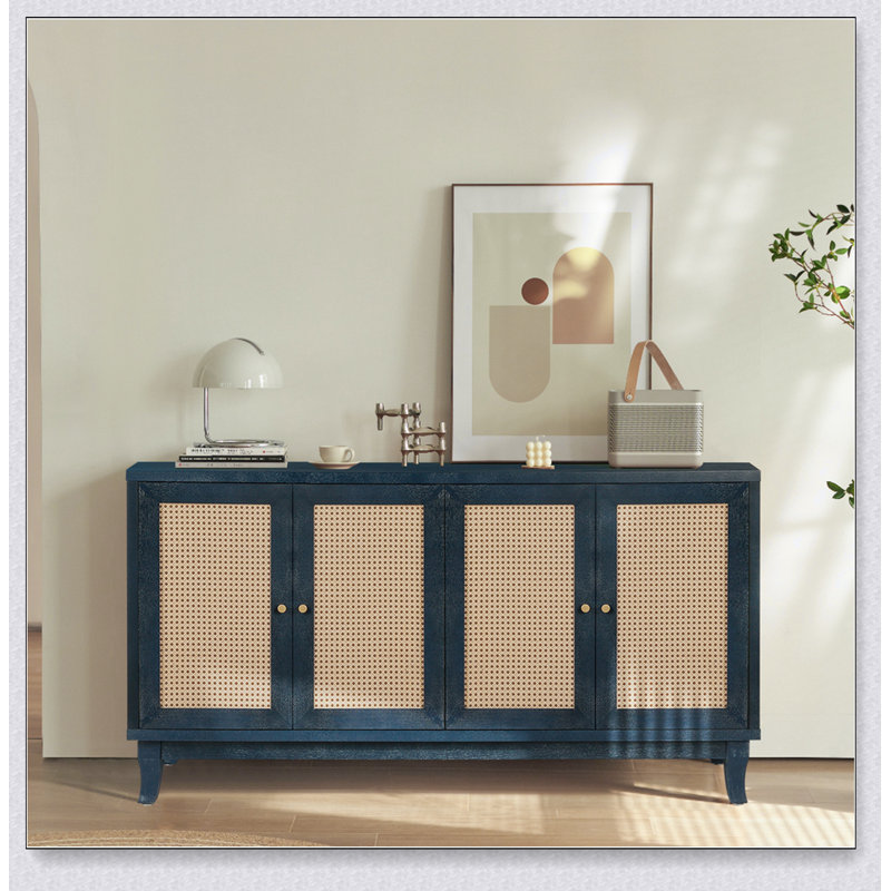 4-Door Rattan Sideboard with Adjustable Shelves – Handcrafted Premium Grain Panels, Modern Storage Cupboard, Antique Blue