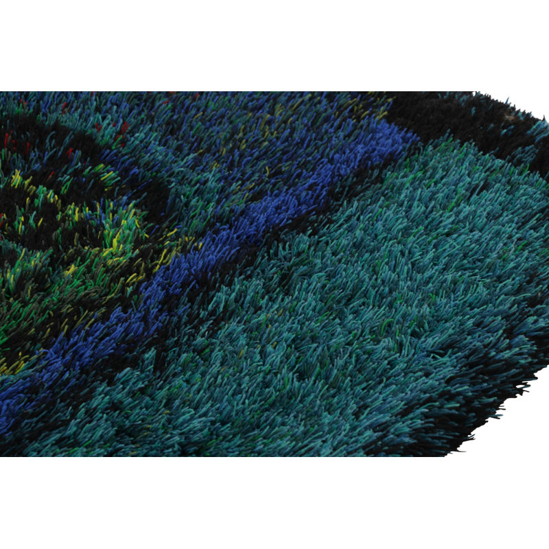Vintage Swedish Rya Rug, Bold Scandinavian Motifs In Teal Blues - Rug & Kilim