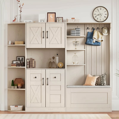 Armoire de vestibule multifonctionnelle gauche-droite (peut être utilisée séparément) avec rangement et 4 crochets, armoire de rangement / arbre d'entrée 2 en 1 pour le salon, la cuisine et le couloir, beige antique