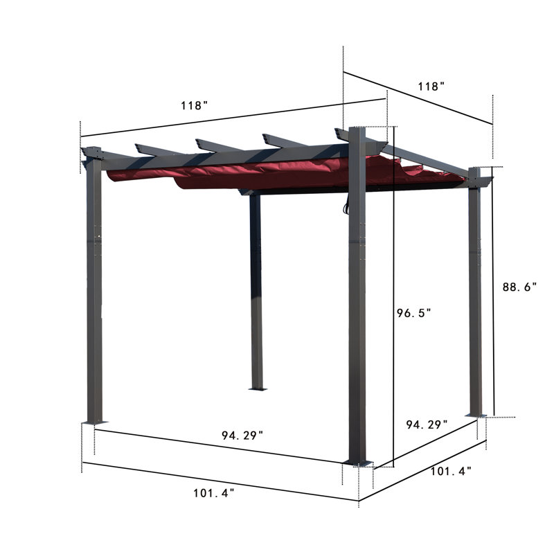Burgundy Aluminum Outdoor Pergola with Retractable Canopy, 10 ft. x 10 ft.