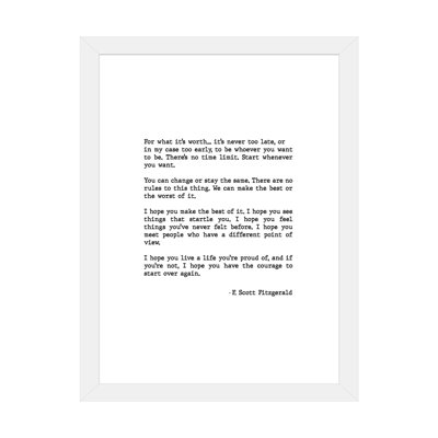 " For What It's Worth Scott Fitzgerald Quote " Textual Art Print
