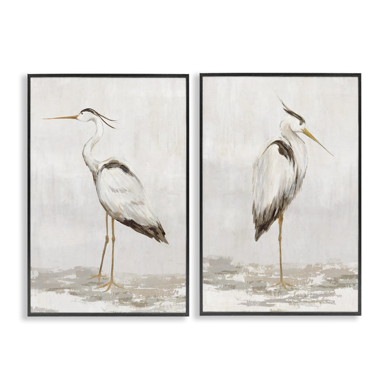Seric Heron Birds, ensemble de 2 giclées encadrées, design par Hannah Dawson, H 30 po x l 40 po, Giclée encadrée noir minuit