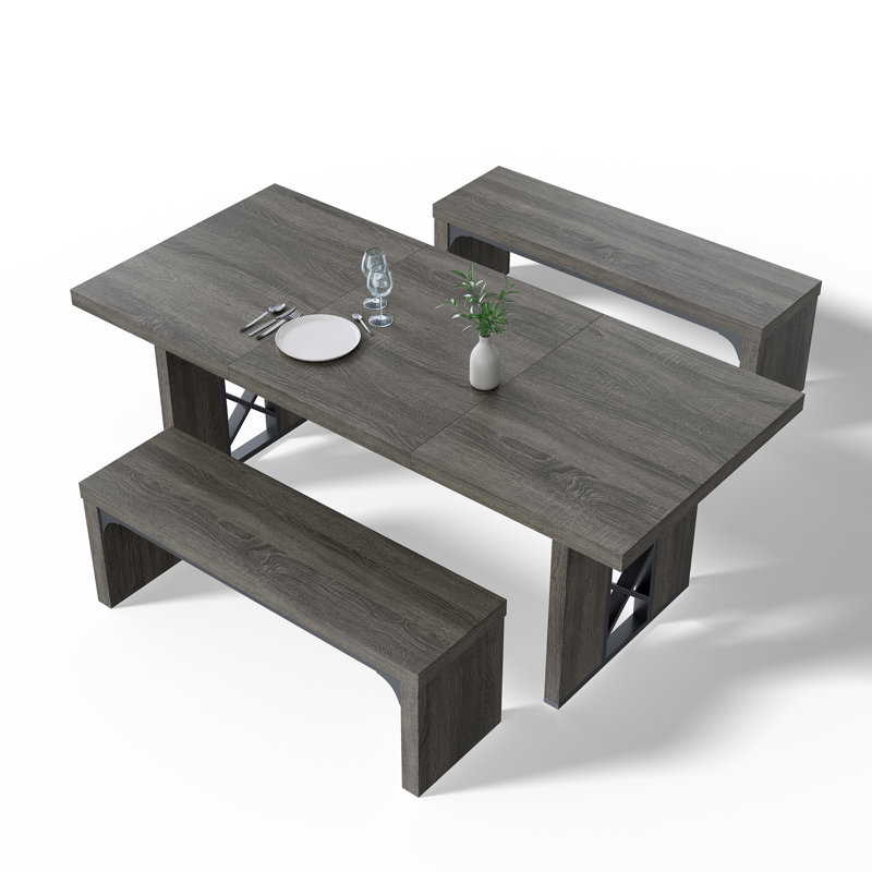 3-Piece Dining Table Set For 6-8 People, 70.8'' Rectangle Kitchen Table With 2 Benches For Breakfast Nook, Dining Room Furniture