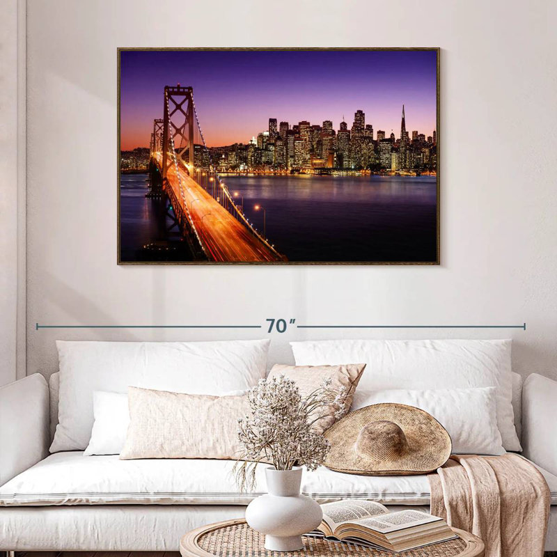 Horizon du pont de la baie de San Francisco, 46 po x 31 po, Cadre flottant en noyer
