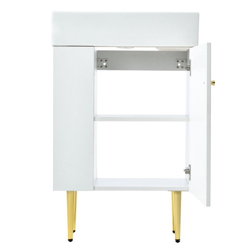 Meuble-lavabo de 21,6 po en blanc, lavabo en céramique, rangement à gauche, armoire, porte, intérieur spacieux, design moderne blanc avec lavabo et matériau, porte pour une salle de bain paisible