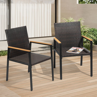 Patio Stackable Wicker Dining Chairs, Acacia Wood Armrests