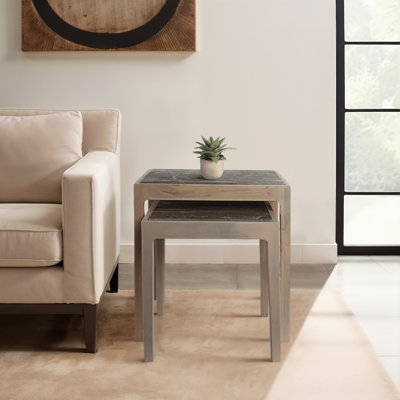 2-Pieces Carver Travertine And Wood Accent Table