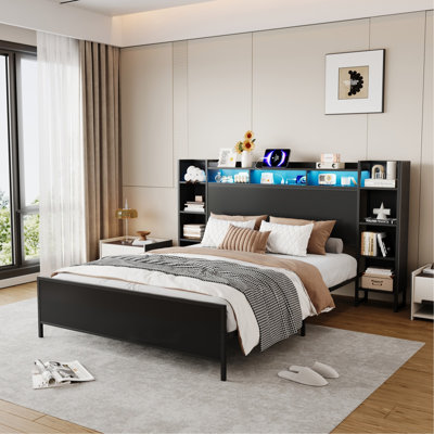 Structure de lit double avec station de charge USB, tête de lit avec rangement et base de lit plateforme en métal robuste et légère, sans sommier, noir