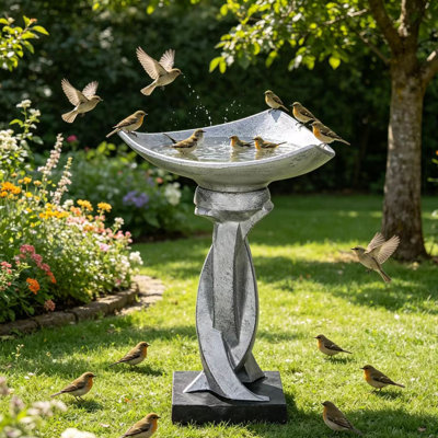 22.8" Tall Modern Concrete Pedestal Bird bath, Outdoor Yard Bird Feeding Bowl Statue with Twisted Base for Garden, Patio, Backyard Decor
