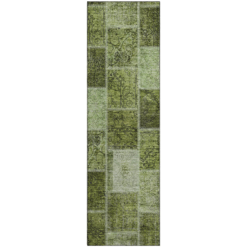 Tapis olive Prisco lavable à la machine de qualité supérieure, Tapis de couloir 2 pi 3 po x 7 pi 6 po