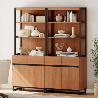 Aadam  2 PCS Modern 72" Tall Bookcases With Metal Base And Adjustable Shelves, Library Book Shelf With Storage Cabinet And Open Book Shelfs, Wood Bookshelves For Home Office, Living Room