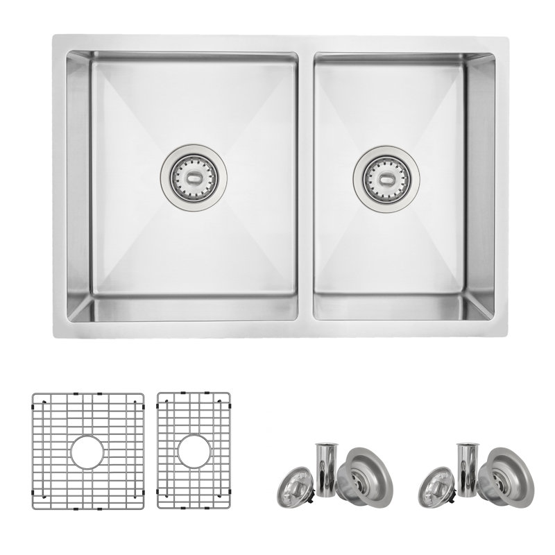 Évier de cuisine à double cuve en acier inoxydable AZUNI Veneti, 10" H x 18" W x 27" D