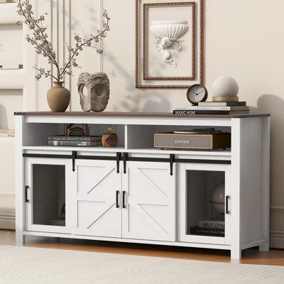59.3" Farmhouse Sideboard with Sliding Barn Doors, Rustic Buffet Cabinet with Iron Mesh Panels and Open Storage, Multi-Functional Storage Cabinet for by Ebern Designs