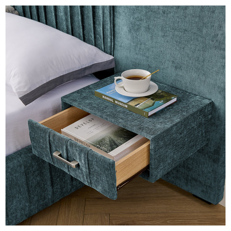 Lit plateforme tapissier très grand en chenille avec tables de chevet intégrées et lampes de lecture réglables, cadre de lit à profil bas plissé - bleu-vert