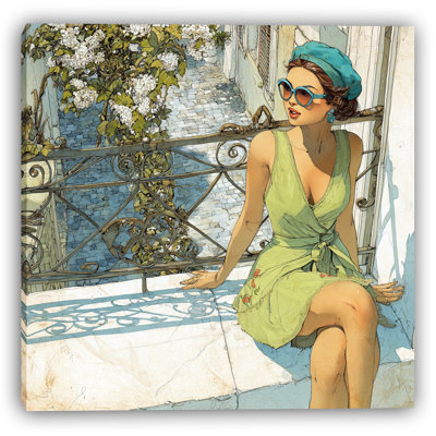 Woman on Balcony in Green Dress Wrapped Canvas Wall Art
