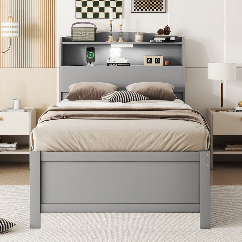 Wooden LED Platform Bed With Trundle, With Storage Headboard, With Drawers, Gray, Twin