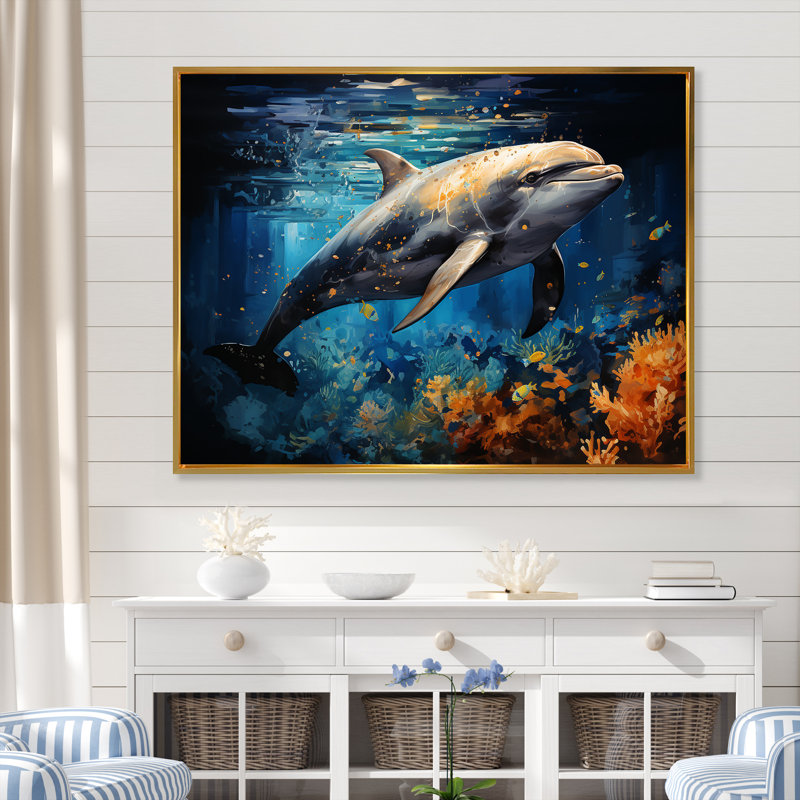 «Dolphin Odyssey» sur toile, H 24 po x l 32 po x P 1 po, Cadre flottant doré