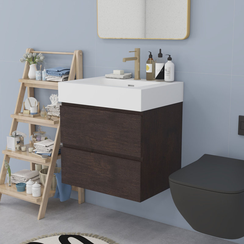 Modern Bathroom Vanity with Sink, Walnut, White