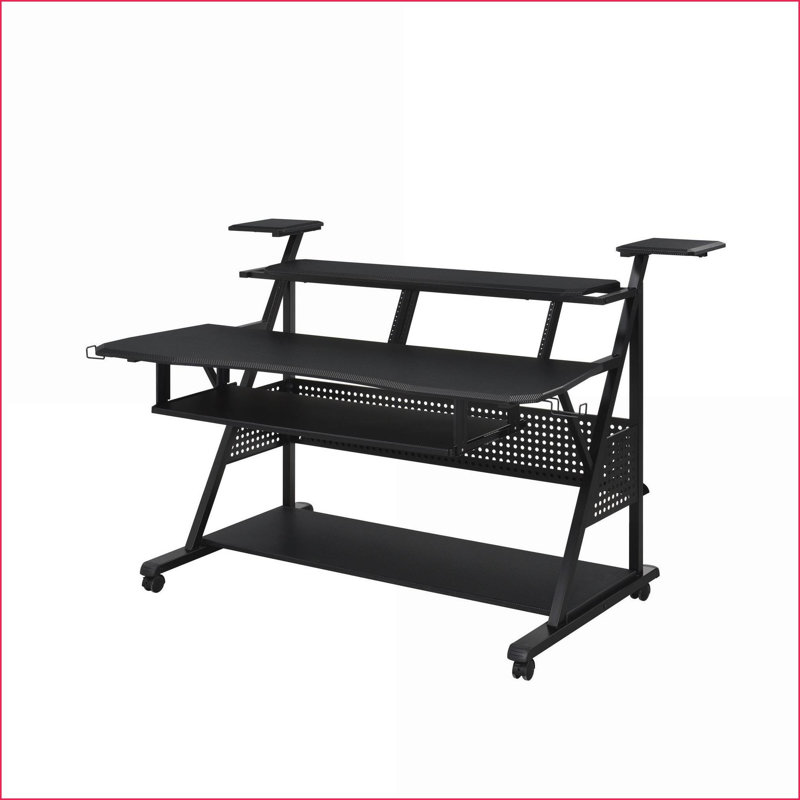 Music Desk with Keyboard Tray &amp; Speaker Shelves | Black Finish | Synthetic Wood