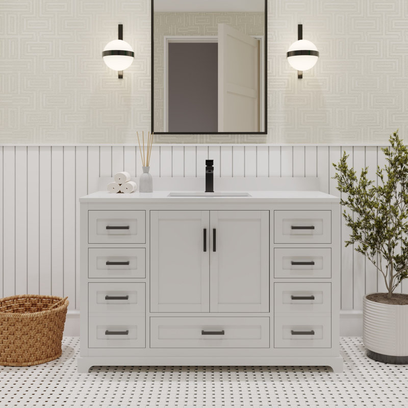 Ensemble de meuble-lavabo 48 po avec comptoir en quartz Ayna Decors Maya | Lavabo en céramique | 2 portes à fermeture douce | 7 tiroirs pleine extension à fermeture en douceur