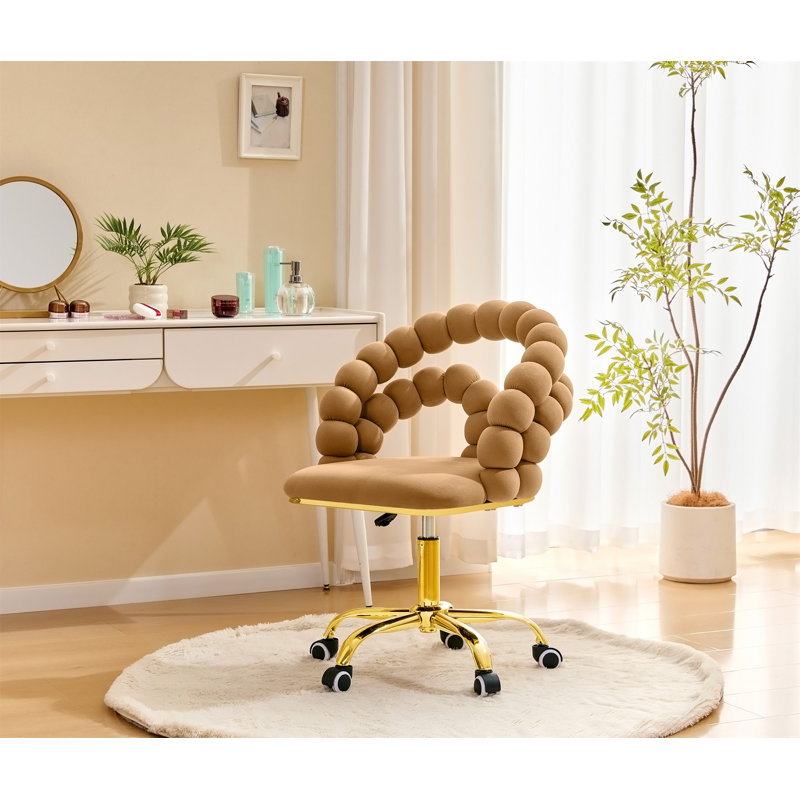 Fauteuil de bureau en velours pivotant avec dossier à bulles, fauteuil de coiffeuse mignon à hauteur réglable avec base dorée et roulettes pour la chambre à coucher et la salle de maquillage.