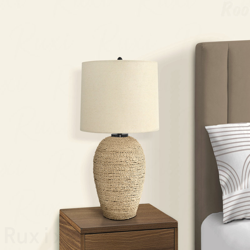 Lampe de table - Lampe de table en rotin 25 po avec abat-jour en lin beige, style tropical