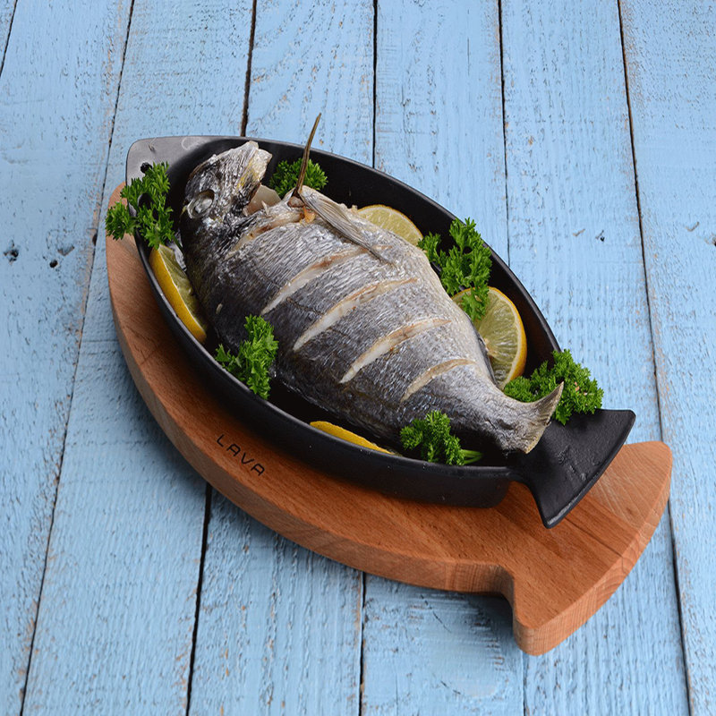 Lava Enameled Cast Iron Skillet 9.5 inch-Fish Shaped Pan with Beechwood Service Platter