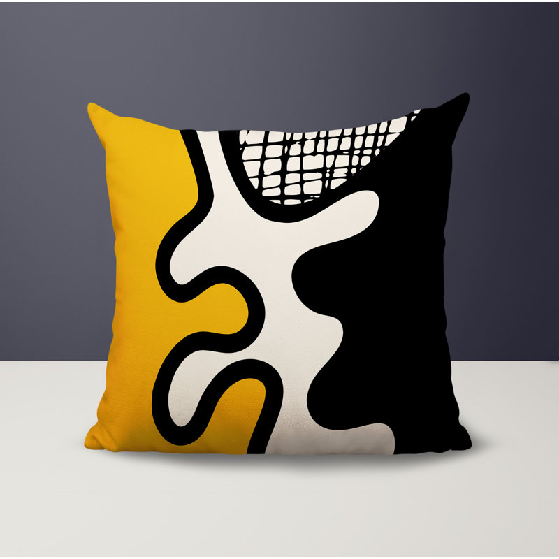Oreiller carré réversible intérieur / extérieur Vido, H 19 po x l 19 po, Jaune / noir / blanc cassé abstrait