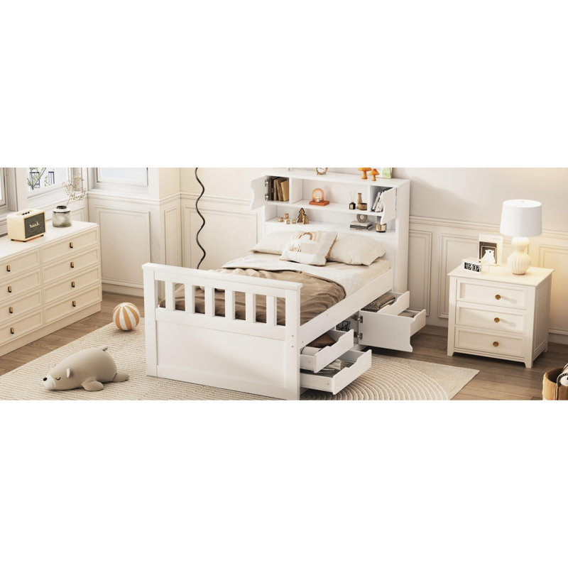 Lit simple blanc avec espace de rangement supplémentaire, rangement fonctionnel à 4 tiroirs, apparence, Blanc